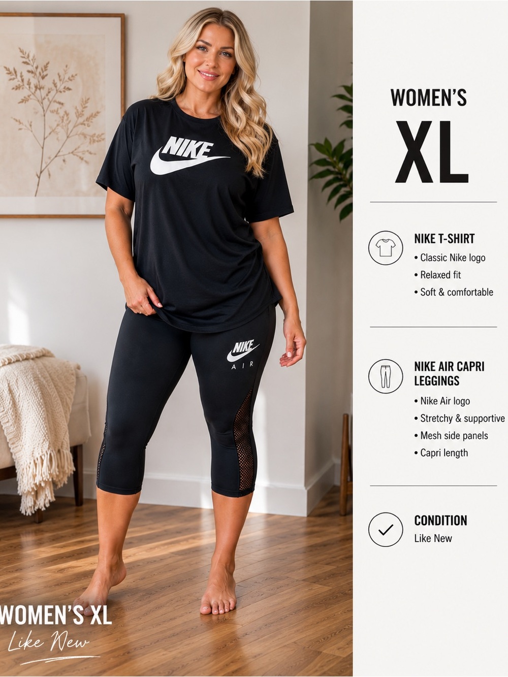 Nike Black Women's Air Capri Leggings new with tags & t black t shirt